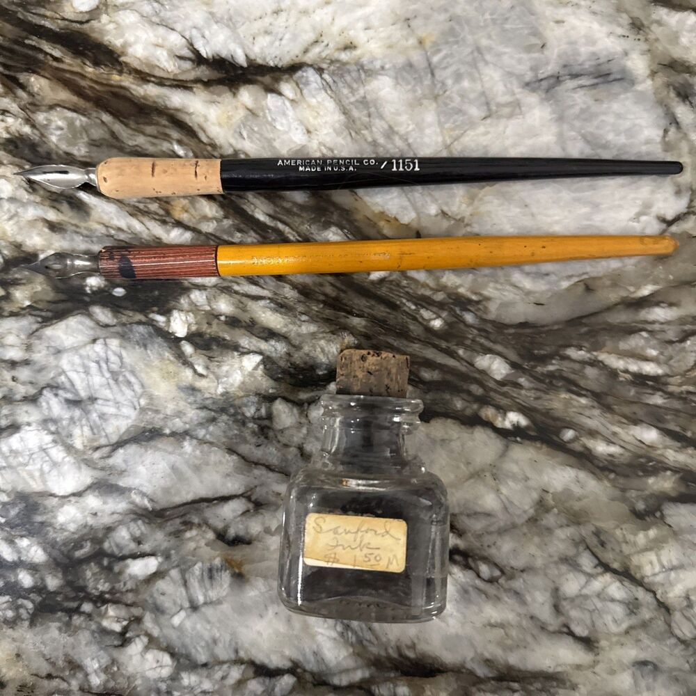 Lot Vintage Sanford Ink In Bottle & 2 Dip Pens~Am Pencil Co & Eagle
